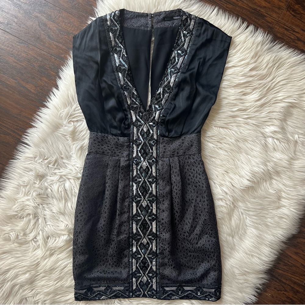 Seduce Black Beadwork Embellished Silk Mini Sheath Dress